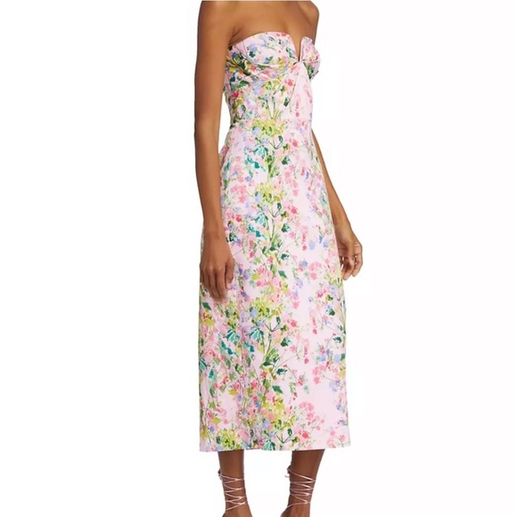 ML Monique Lhuillier Lily Sweetheart Faille Midi-Dress Pink Floral (Size 10) - Picture 3 of 14